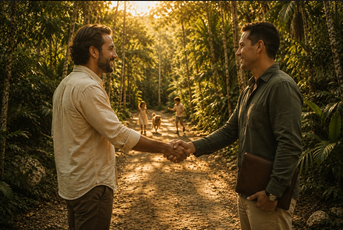 Broker y cliente cerrando un acuerdo con un apretón de manos en un camino de la selva maya