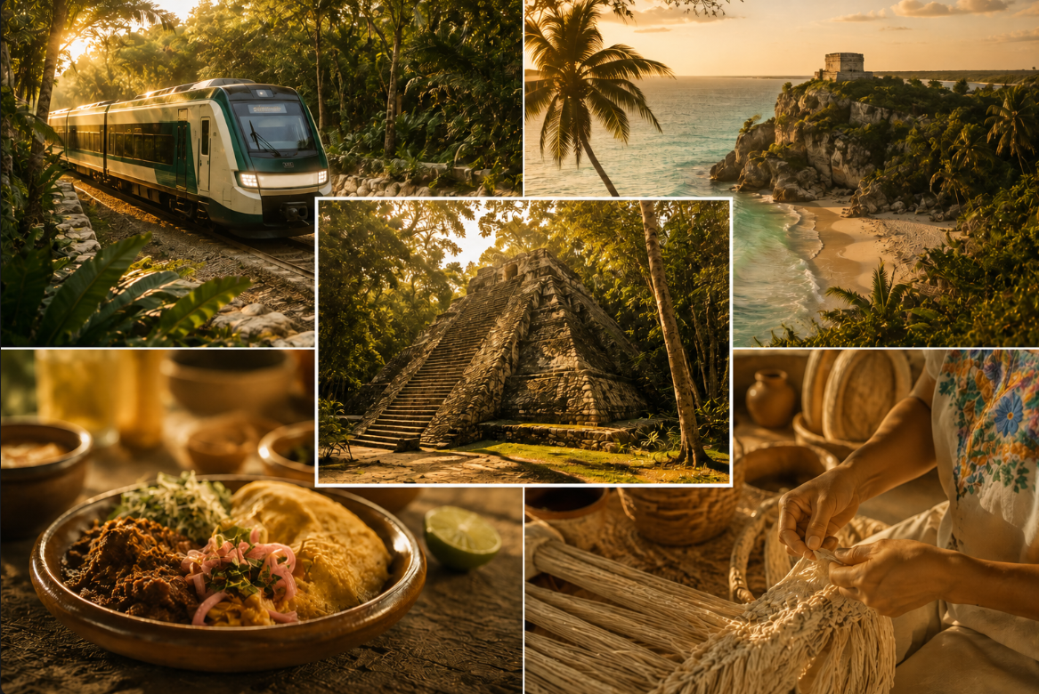 Collage de diferenciadores: Tren Maya, zona arqueológica, playas, gastronomía y artesanías locales